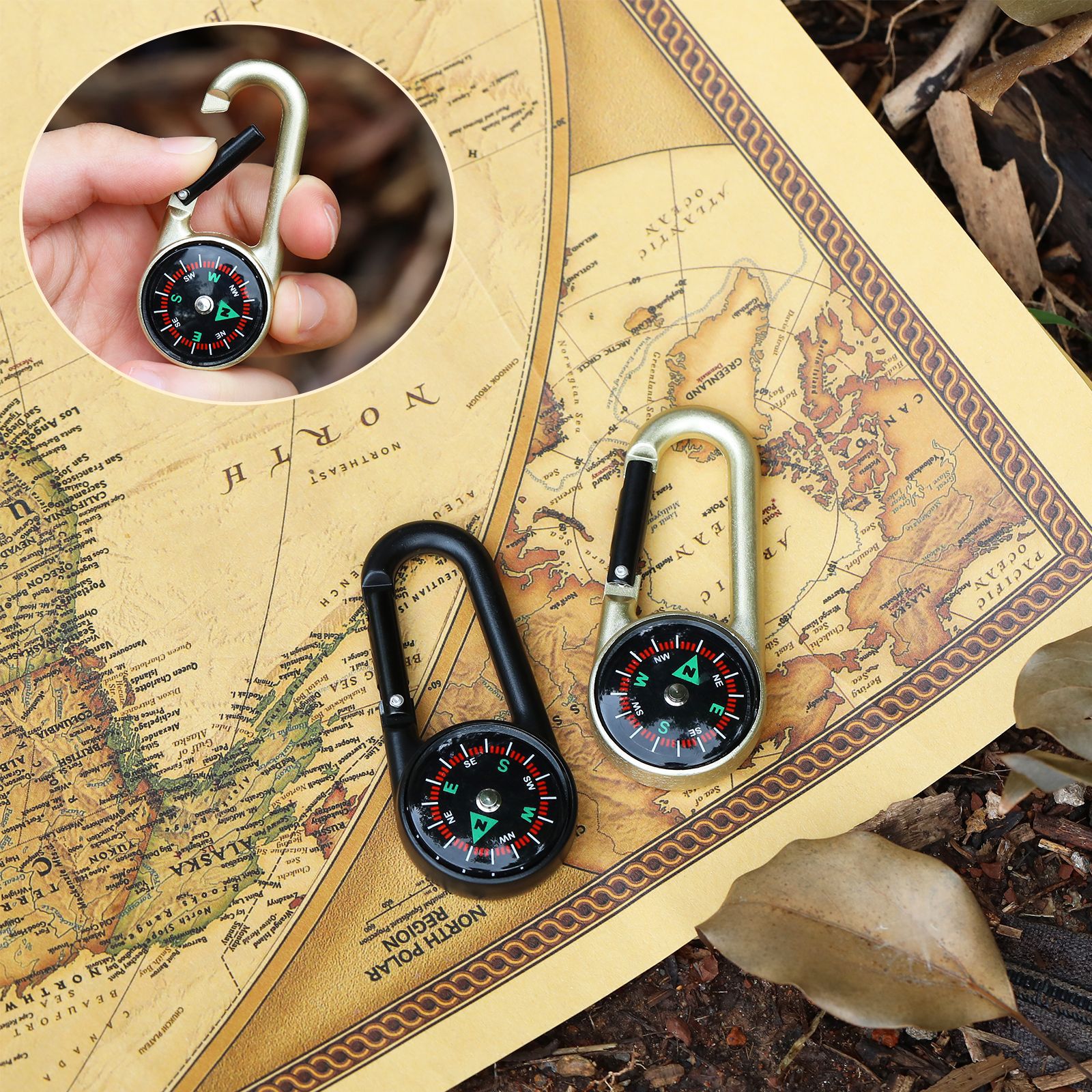 Compass Keychain Mini - 2-in-1 Metal Keychain with Compass, Carabiner,